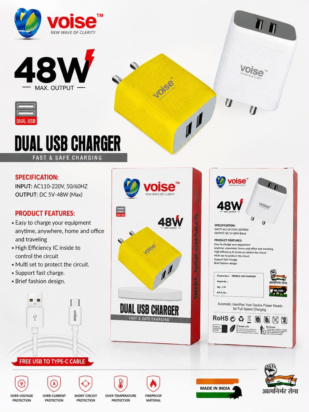 Voise 48W Dual USB Charger Typec