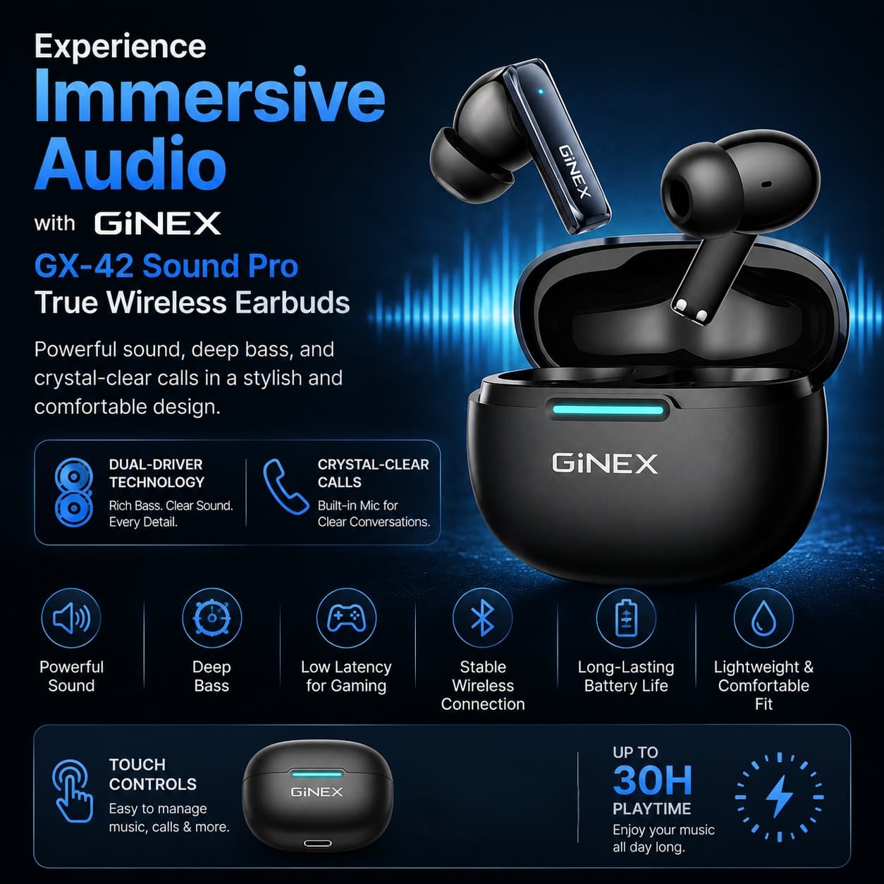 GINEX GX-42 Sound Pro Dual Driver True Wireless Earbuds