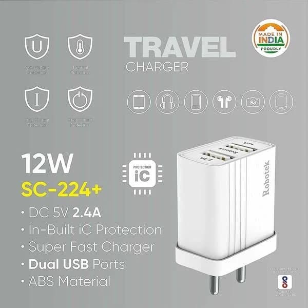 Robotek SC 224 Plus 12W 2.4A Dual Port Mobile Wall Charger Adapter (USB-C) image 1