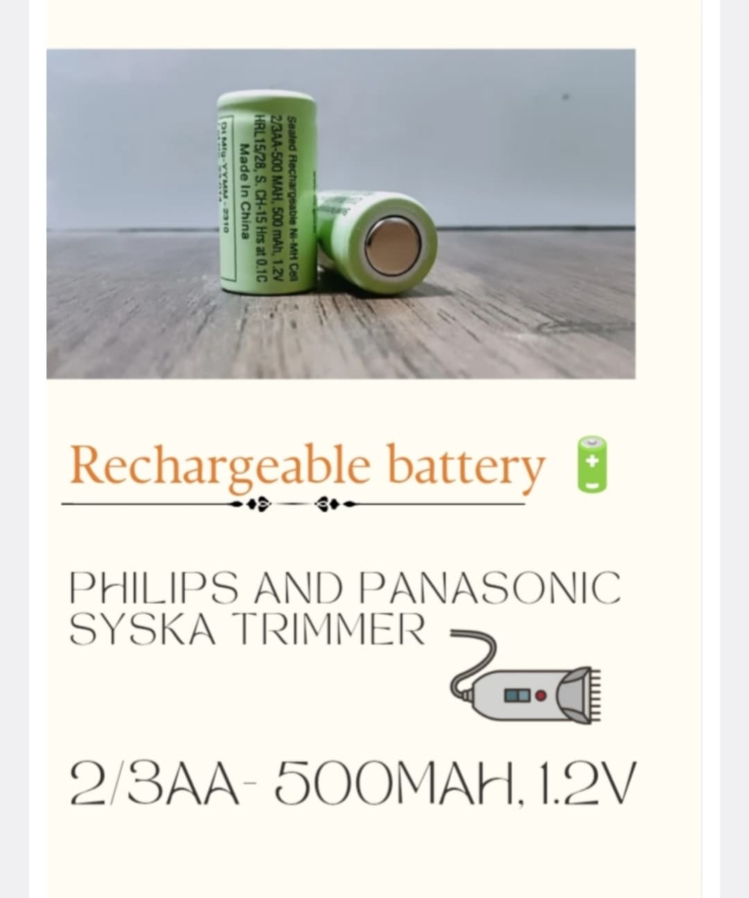 Rechargeable Battery 2/3AA 500mAh 1.2V image 1
