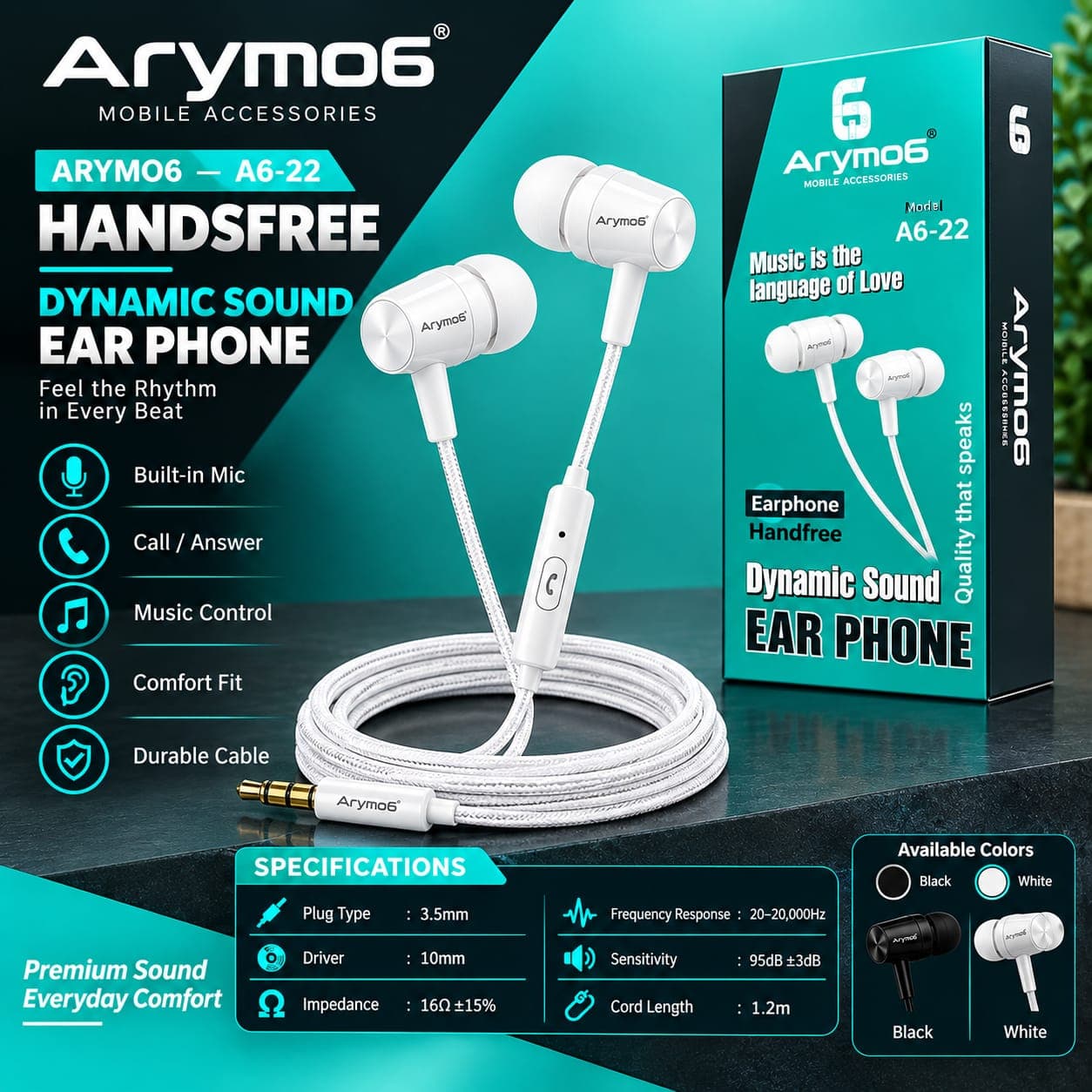 Arymo6 A6-22 Wired Handsfree 3.5mm Jack With Mic