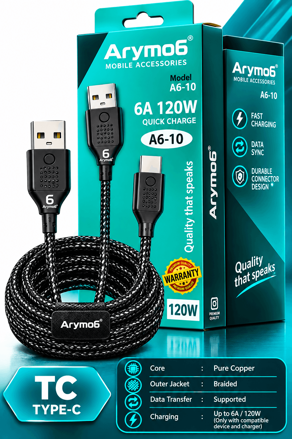Arymo6 A6-10 6A 120W Braided USB-A To Type-C Fast Charging Data Cable image 1