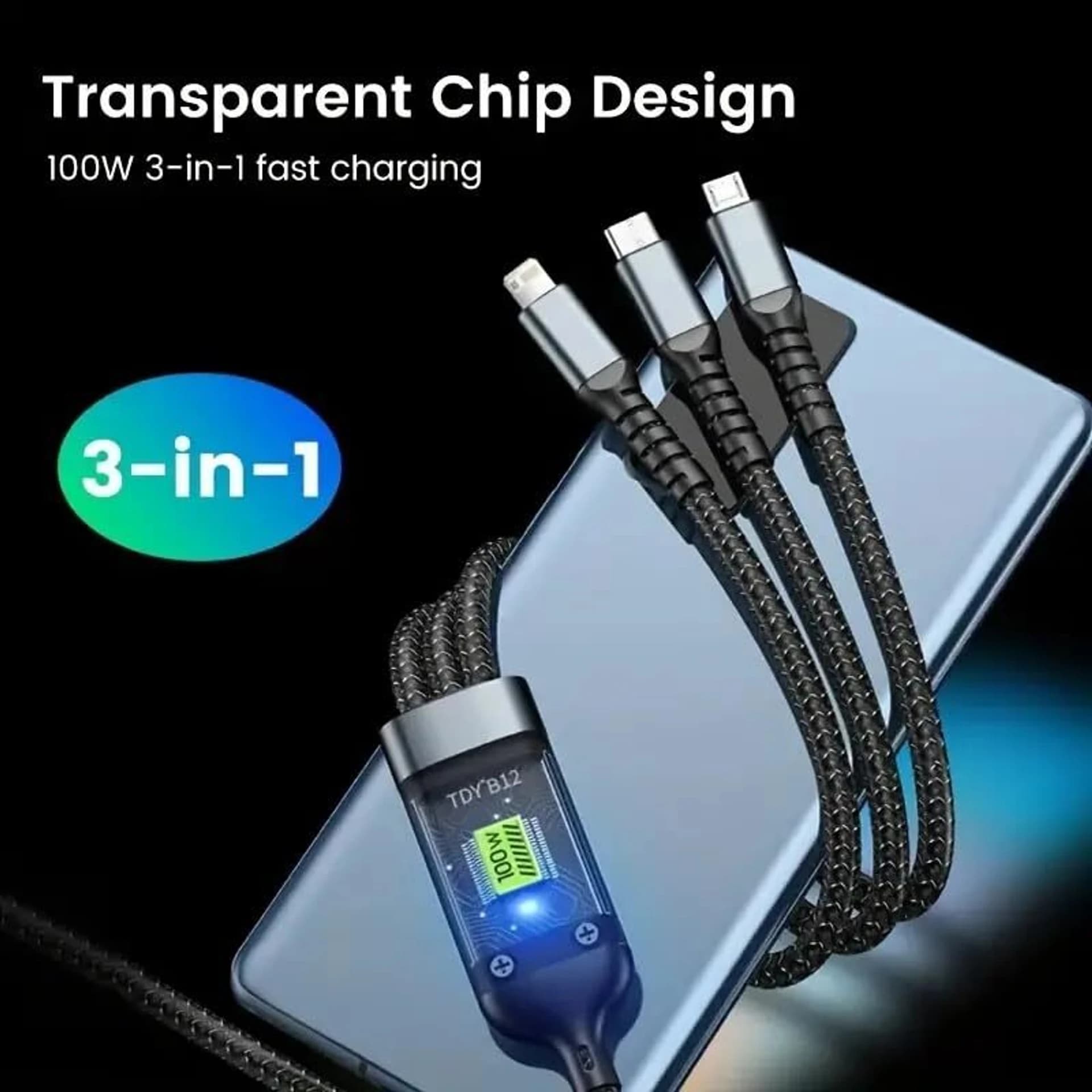 3 in 1 100W Fast Charging Data Cable Type C  Micro USB  Lightning image 2