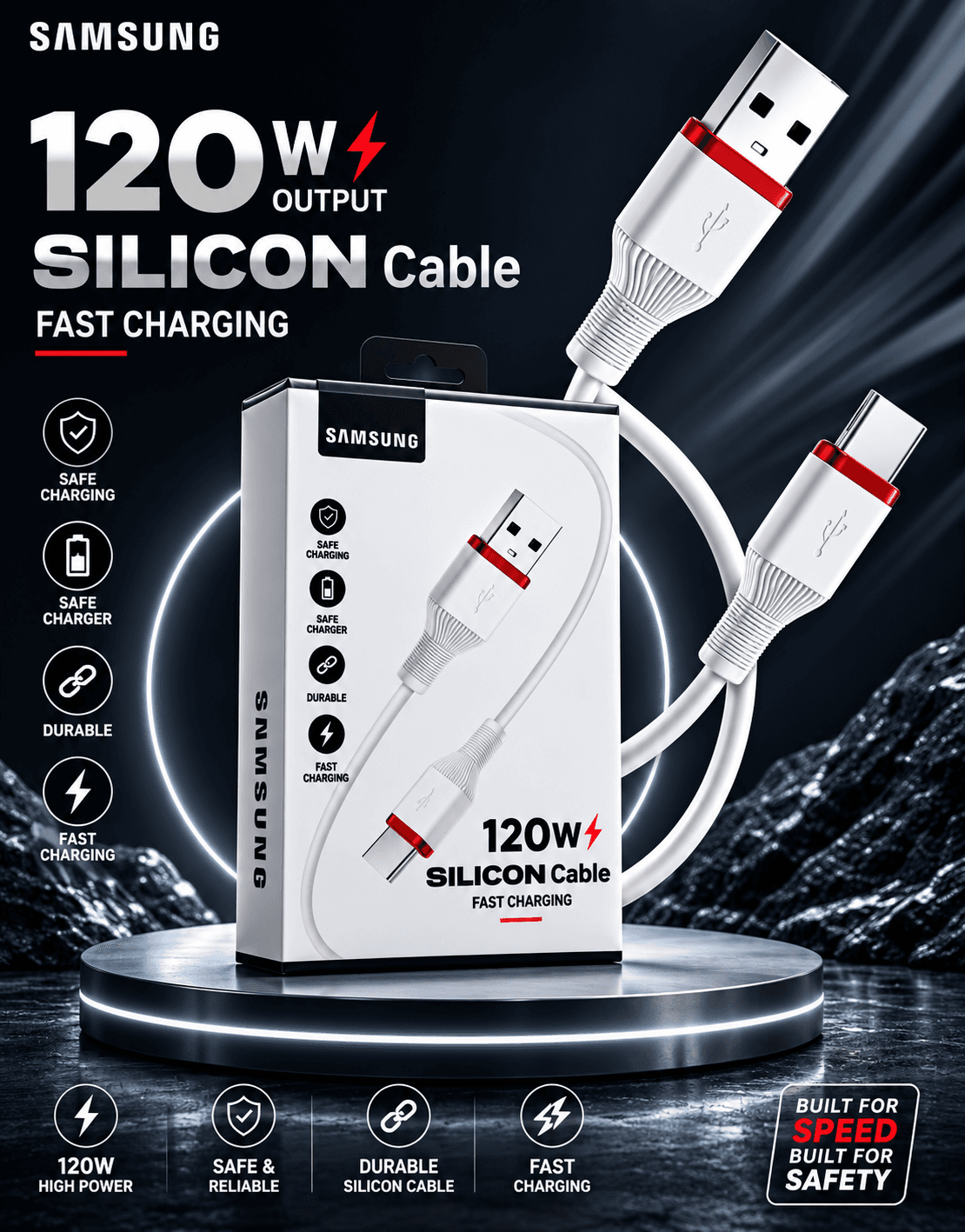 Samsung 120W Silicon V8 Fast Charging   Data Cable