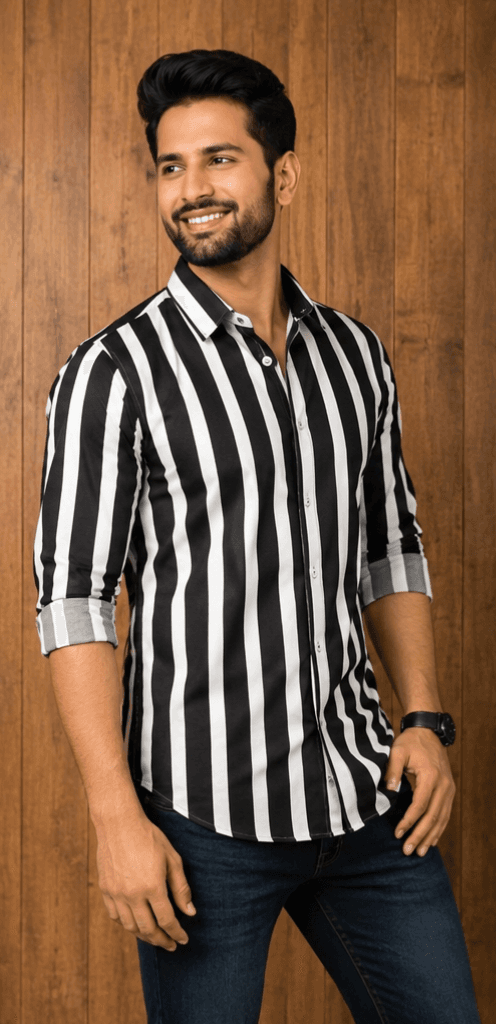 LUVION Mens Black White Striped Casual Shirt for Men  Premium Cotton Blend Full Sleeve Stylish Shirt  Trendy Regular Fit Formal image 4