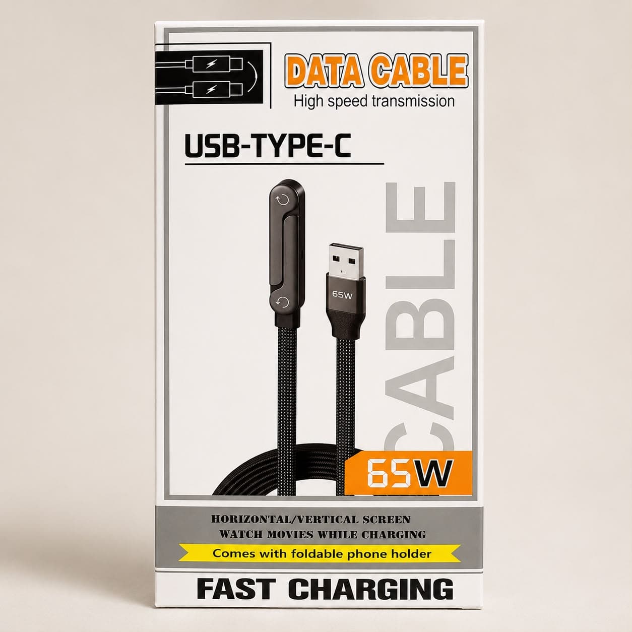 65W USB To Type-C Fast Charging Cable With Built-in Foldable Phone Stand