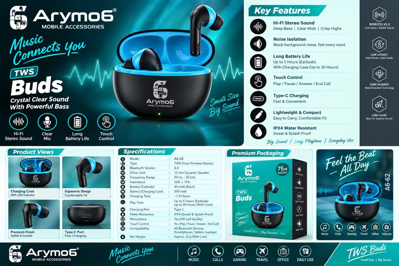 Arymo6 A6-62 TWS Earbuds
