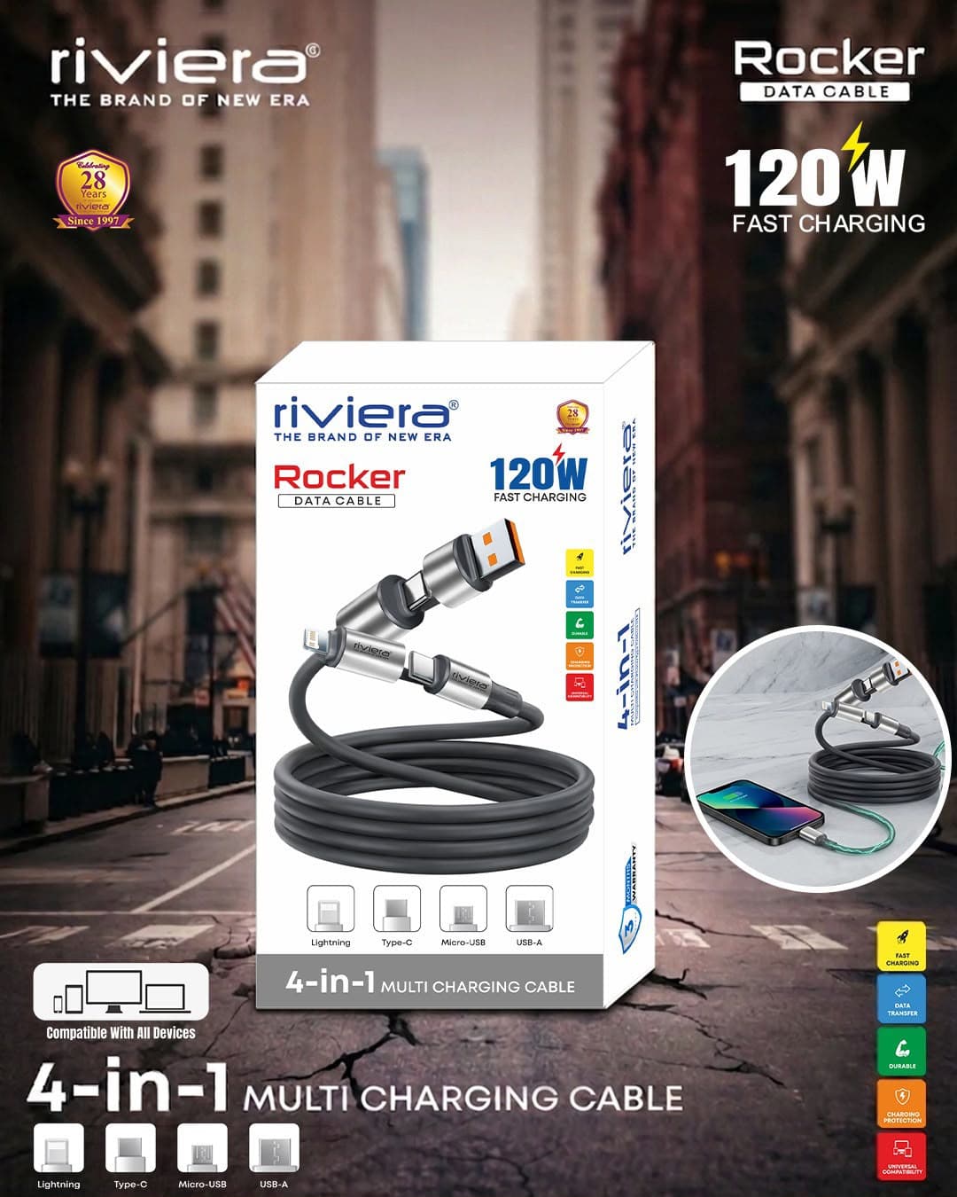 Riviera Rocker 120W 4-in-1 Multi Charging Cable