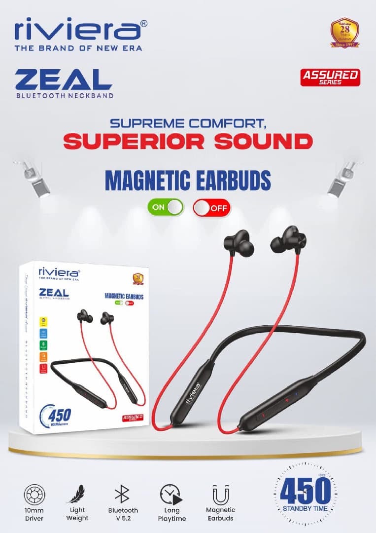 Riviera Zeal Series Wireless Megnetic On & Off Neckband Premium Quality image 1