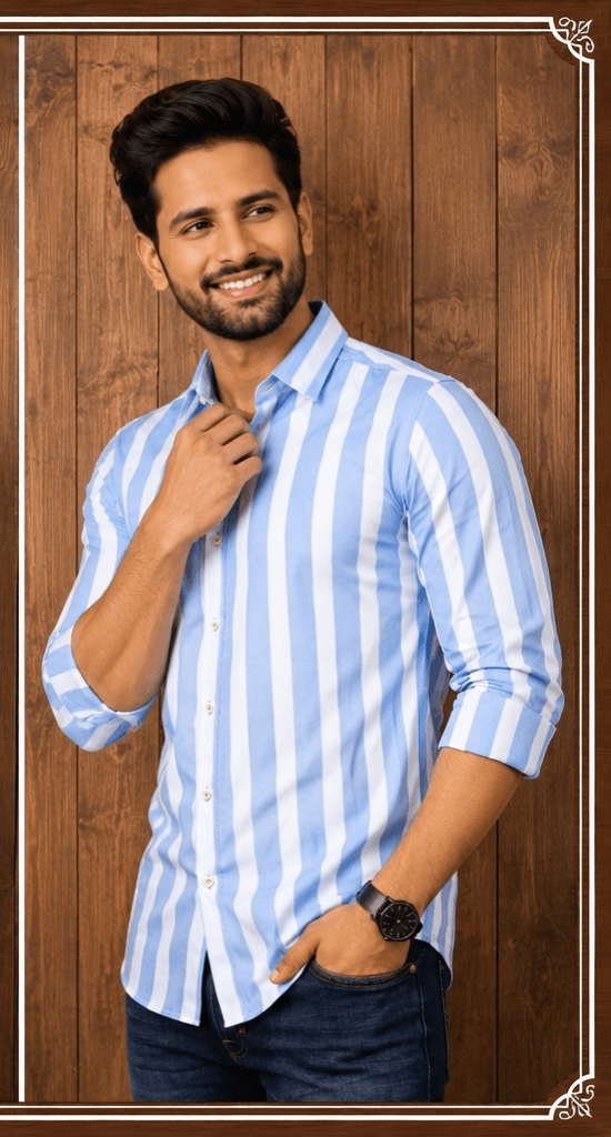 LUVION Mens Sky Blue White Shirt