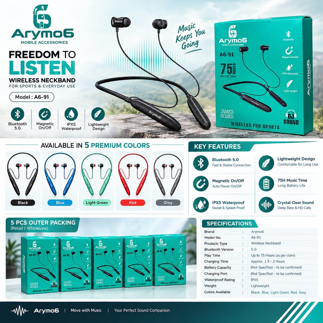 Arymo6 A6-91 James Series Bluetooth 5.0 Wireless Neckband image 1