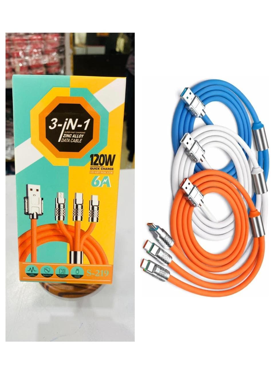 S-219 3-in-1 Super Fast Charging Zinc Alloy Data Cable image 2