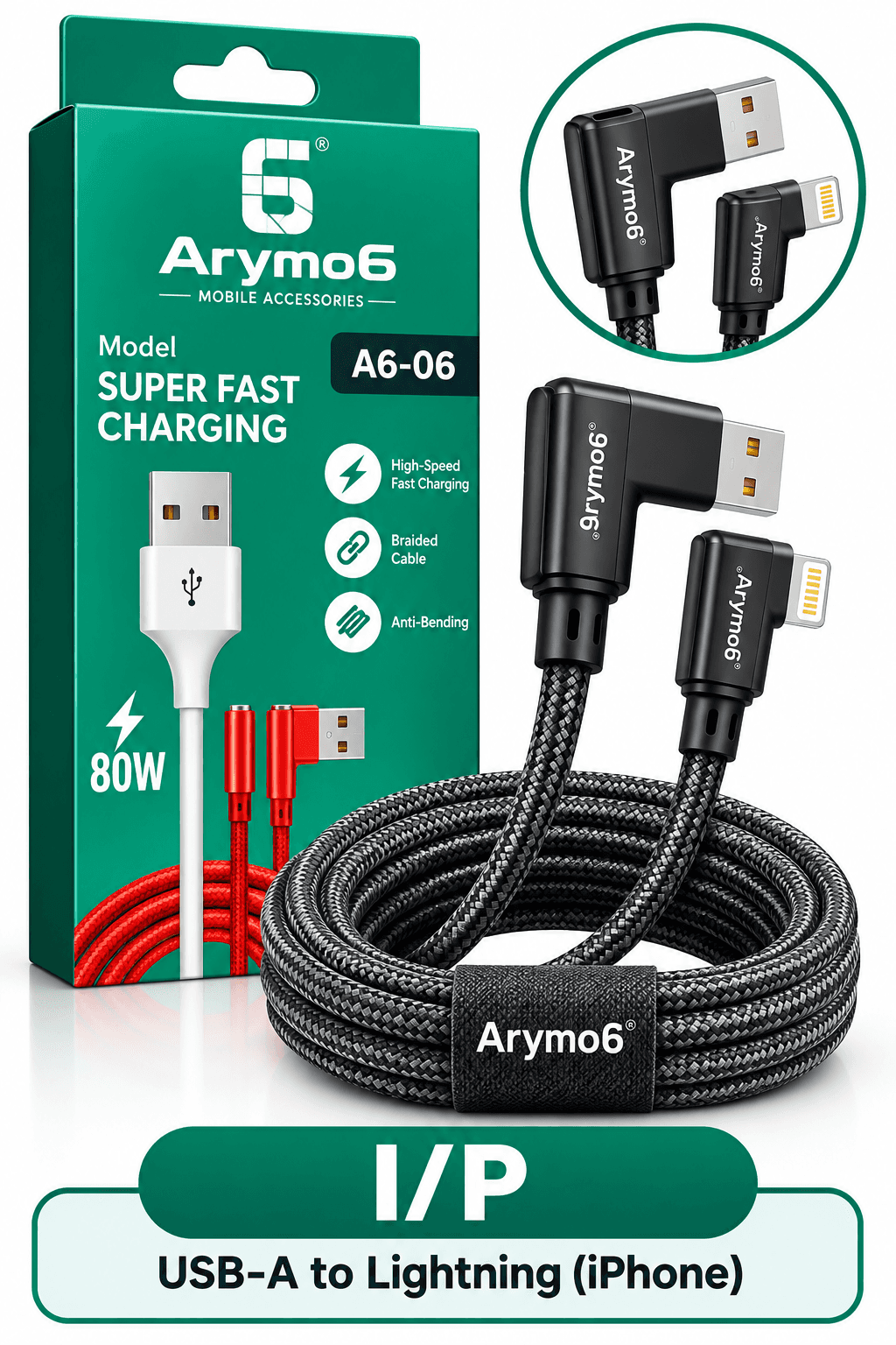 Arymo6 A6-06 80W USB-A To Lightning (iPhone) Fast Charging Braided Cable