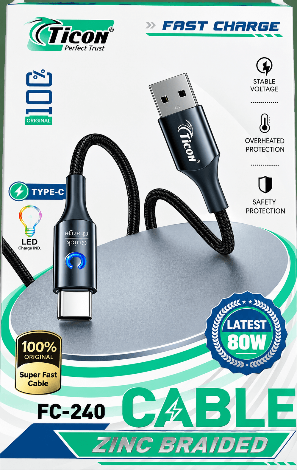 Ticon FC-240 Zinc Braided Type-C Fast Charging Cable
