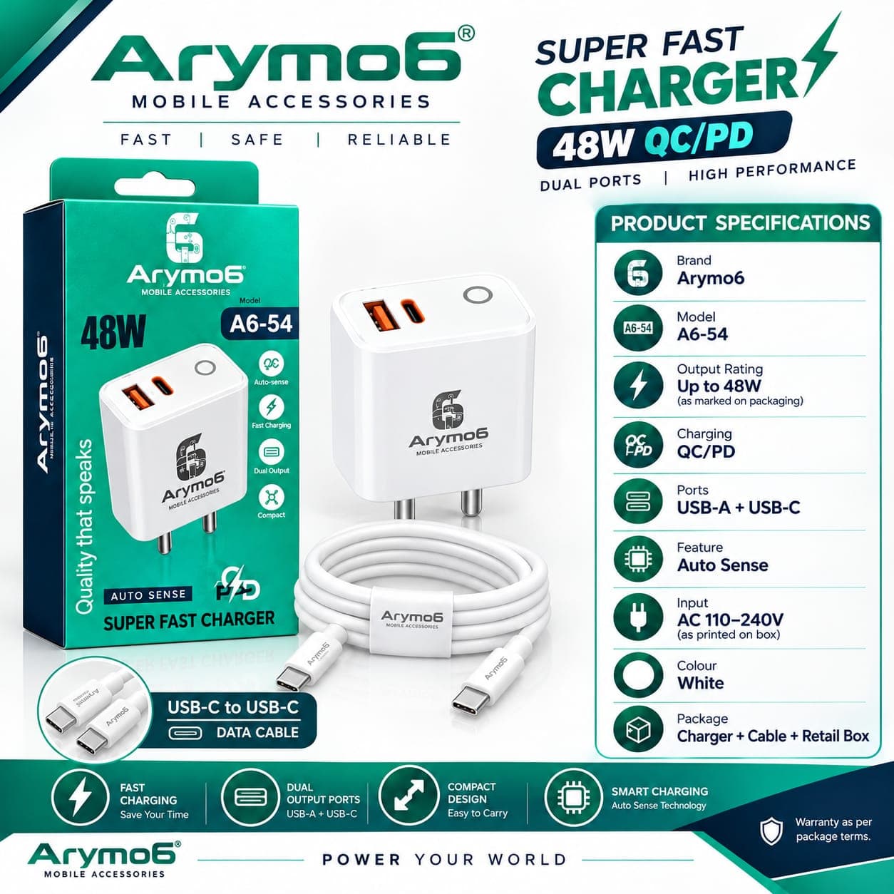 Arymo6 A6-54 48W Dual Port QC/PD Fast Wall Charger With Type-C To Type-C Cable
