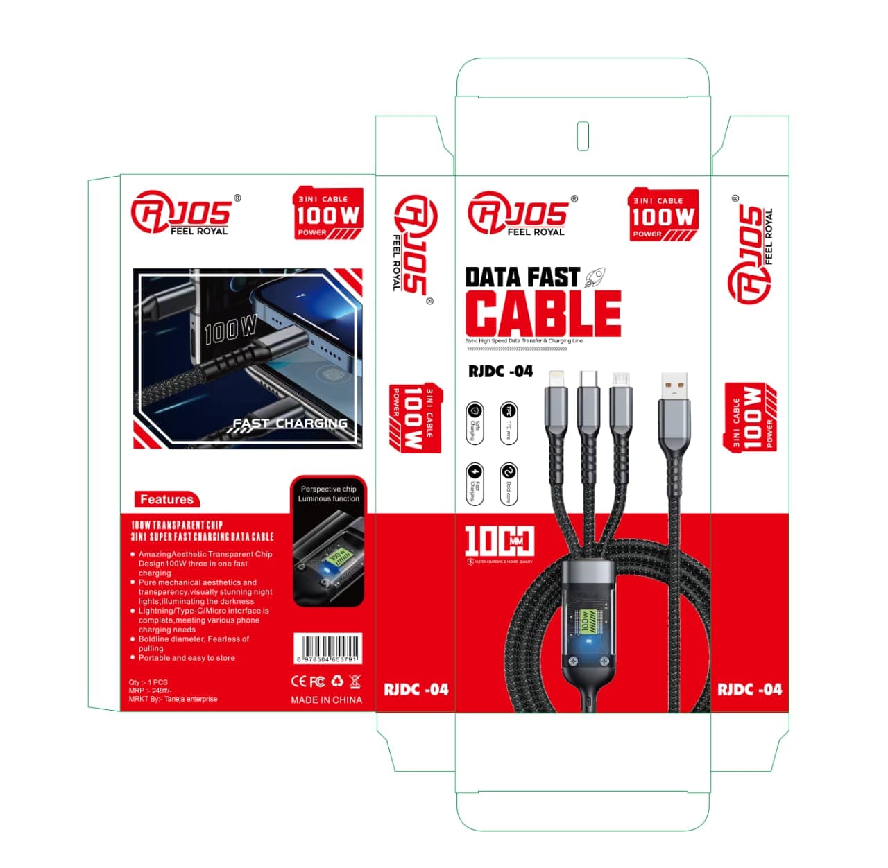 RJOS Feel Royal RJDC-04 3-in-1 100W Fast Charging Data Cable