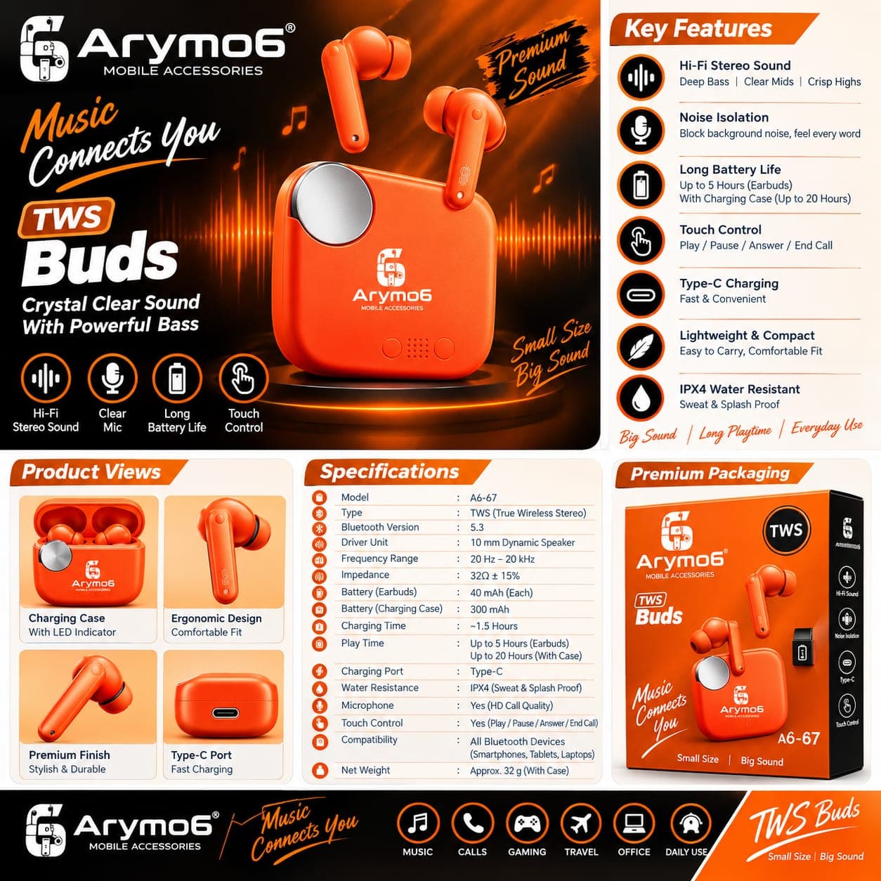 Arymo6 A6-67 Bluetooth 5.3 TWS Wireless Earbuds