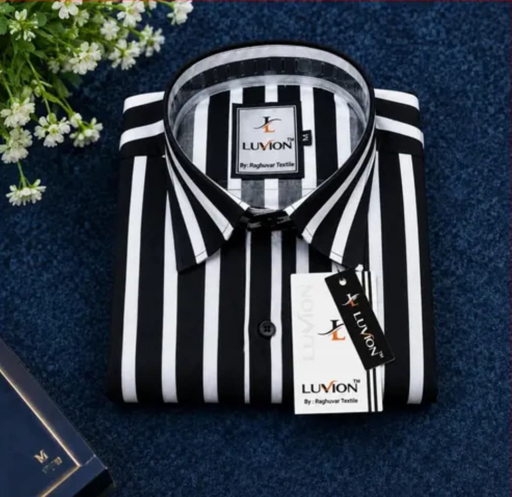 LUVION Mens Black White Striped Casual Shirt for Men  Premium Cotton Blend Full Sleeve Stylish Shirt  Trendy Regular Fit Formal image 1