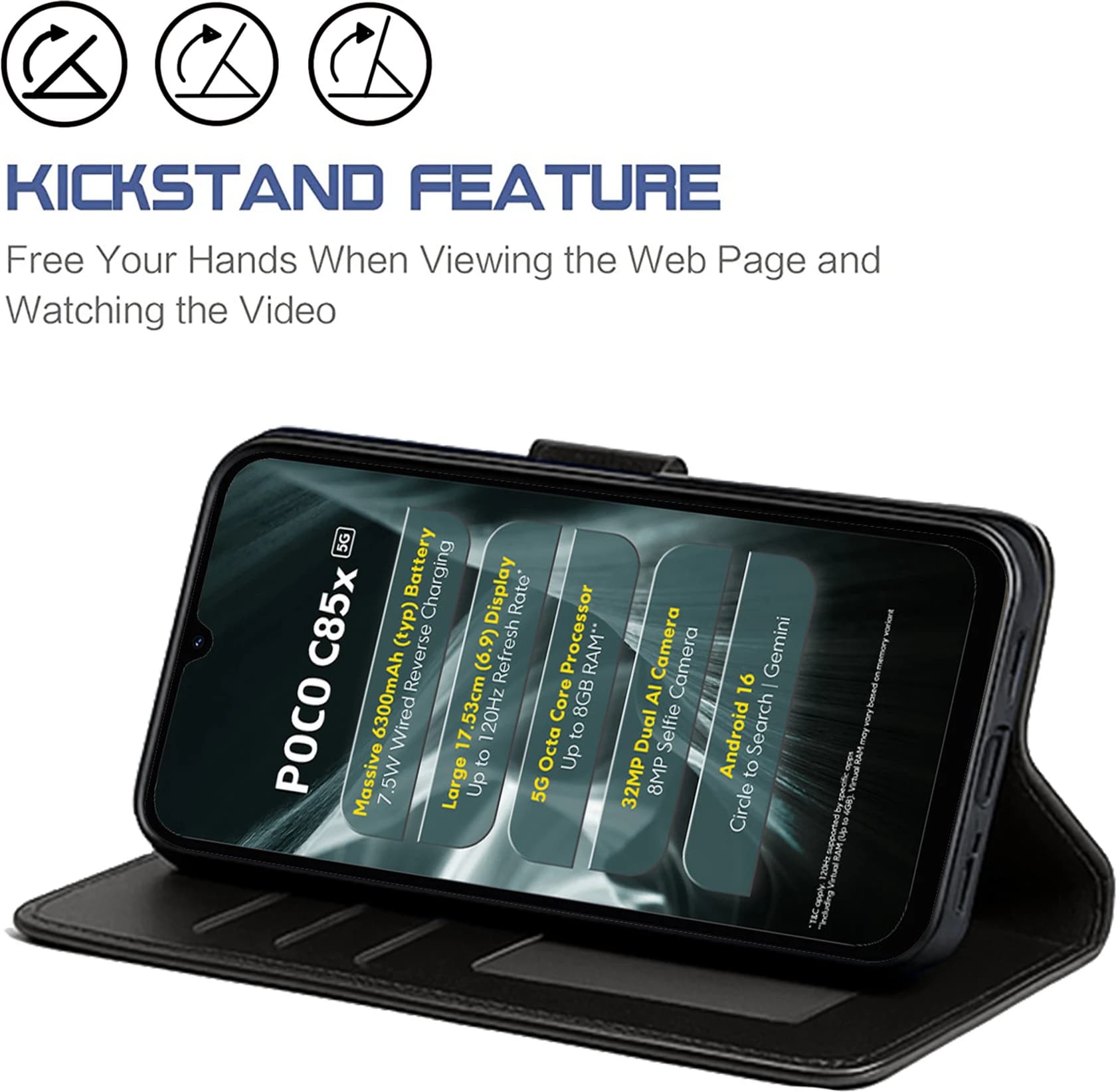 Premium PU Leather Flip Cover for Poco C85x 5G with Card Slots & Stand Feature image 1
