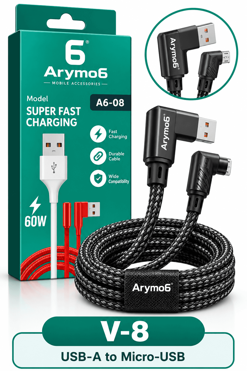 Arymo6 A6-06 80W V8 Micro-USB Fast Charging Braided Data Cable