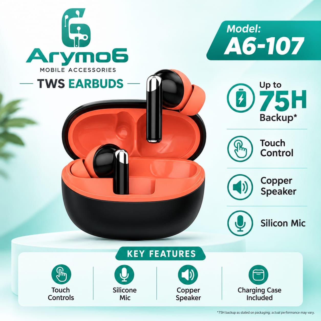 Arymo6 A6-107 75H Backup Touch Control TWS Wireless Earbuds image 1