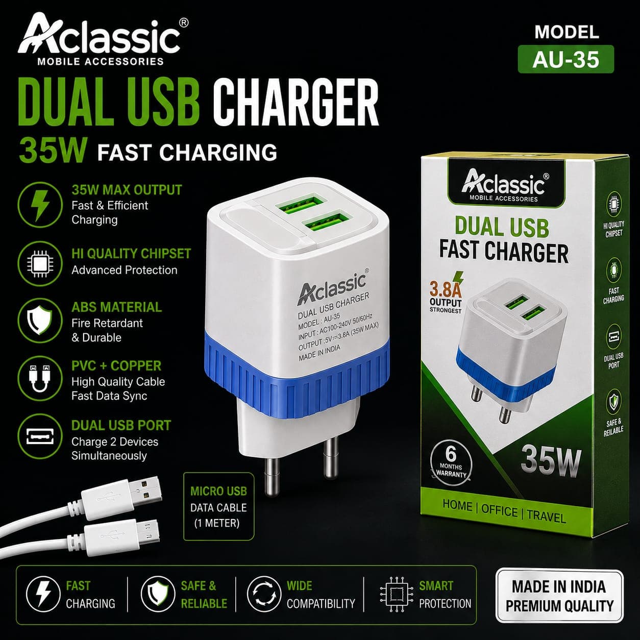 Aclassic AU-35 Dual USB 35W Fast Charger image 1