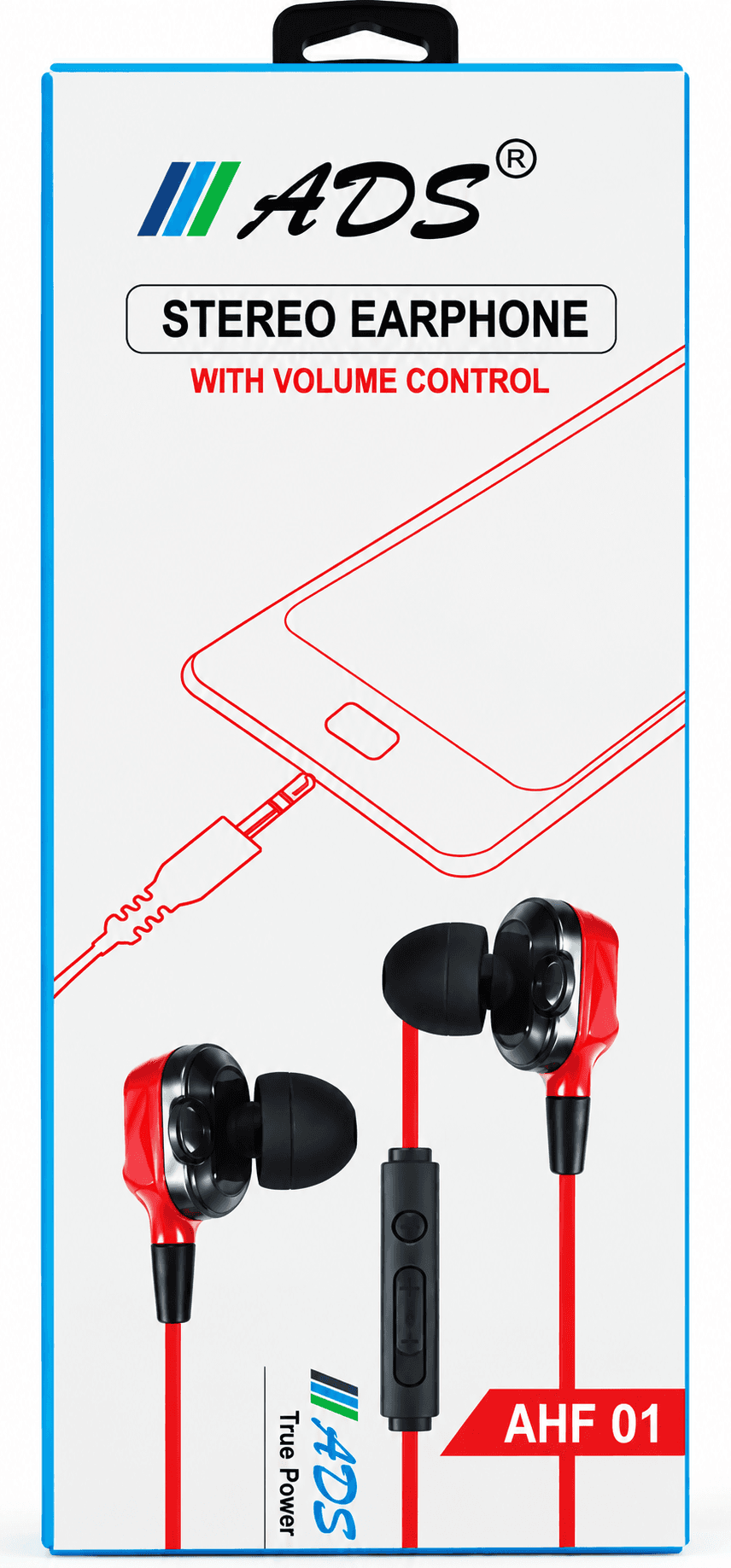 ADS AHF-01 Stereo Earphone With Volume Control(Packing 10 Pics Box)
