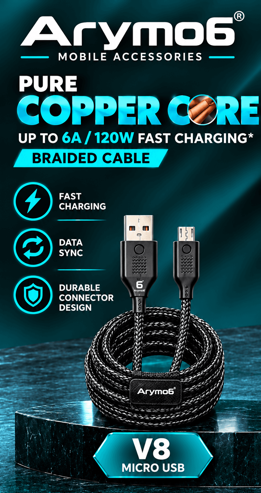 Arymo6 A6-10 6A/120W V8 Micro USB Fast Charging Braided Data Cable image 1
