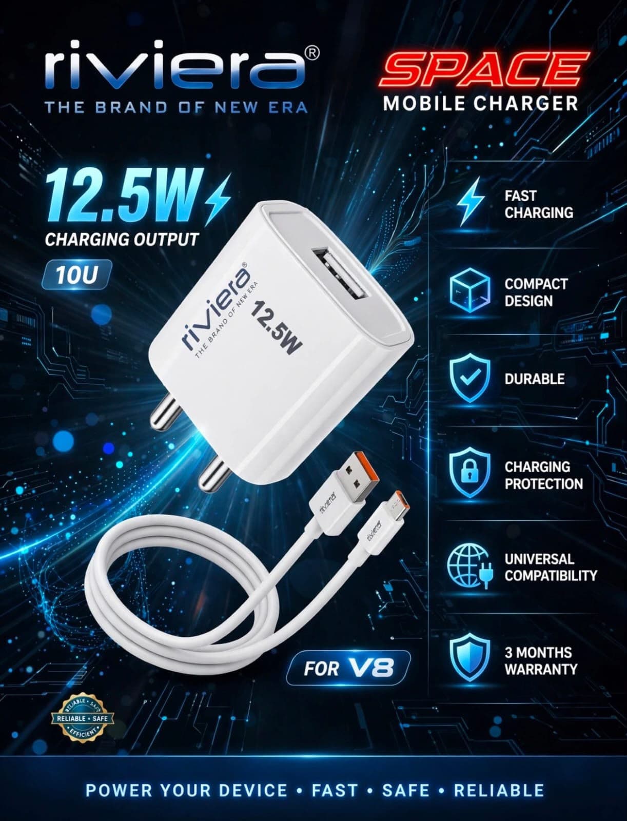 Riviera Space 12.5W Mobile Charger With Type-C Cable
