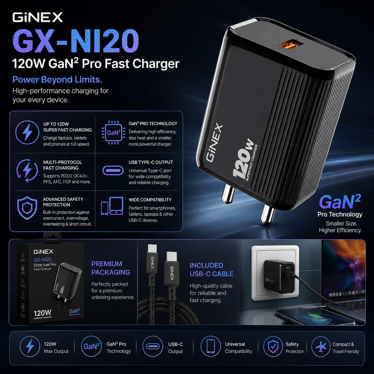 GINEX GX-NI20 120W GaN² Pro USB Type-C Fast Charger With Cable