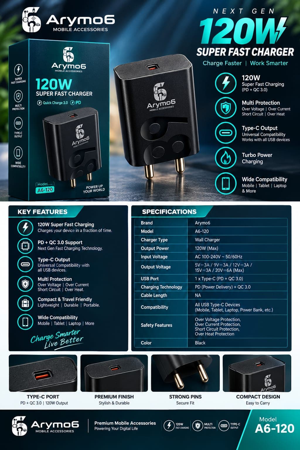 Arymo6 120W Super Fast Charger (Model: A6-120) image 1