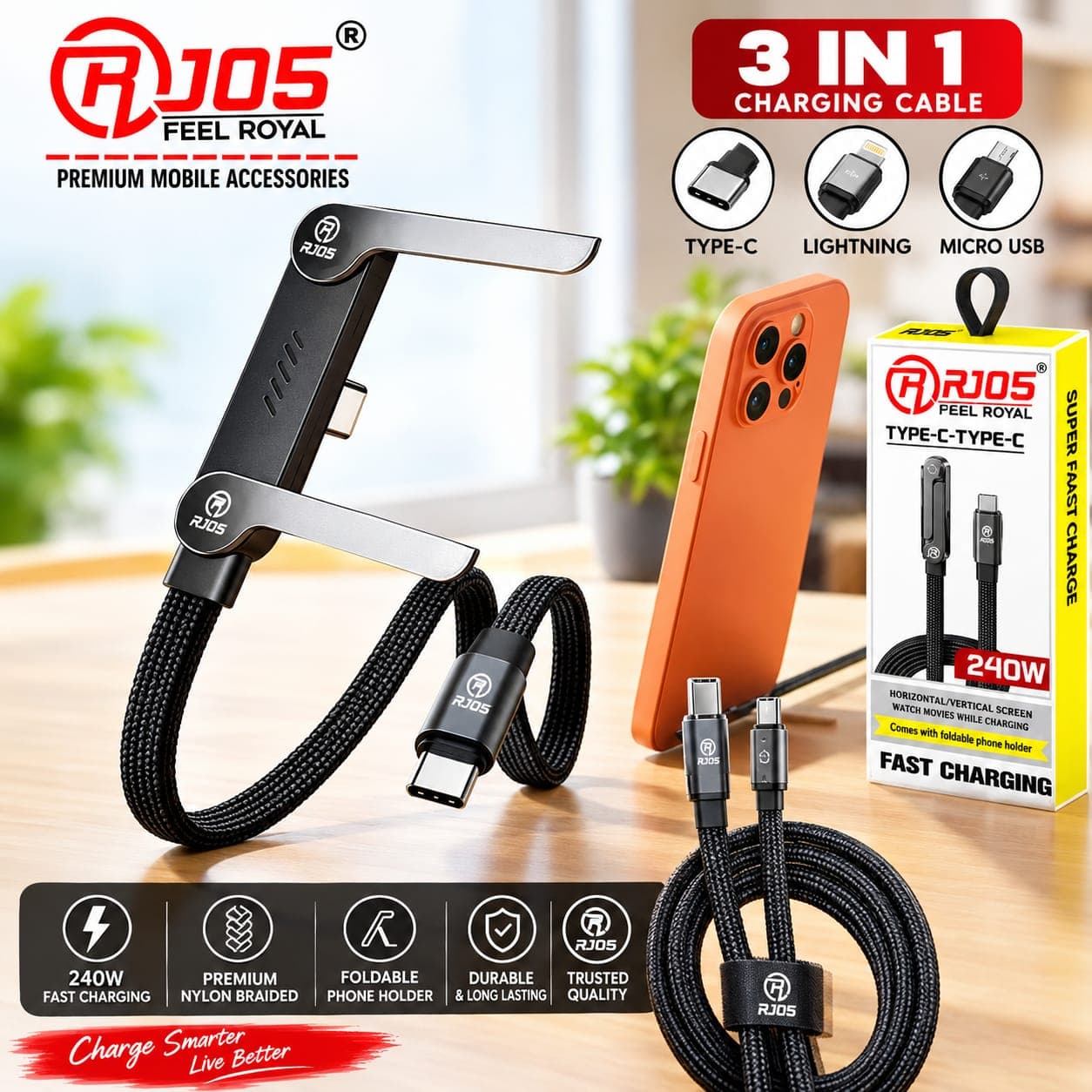 RJOS Feel Royal 3-in-1 240W Fast Charging Cable With Foldable Phone Holder