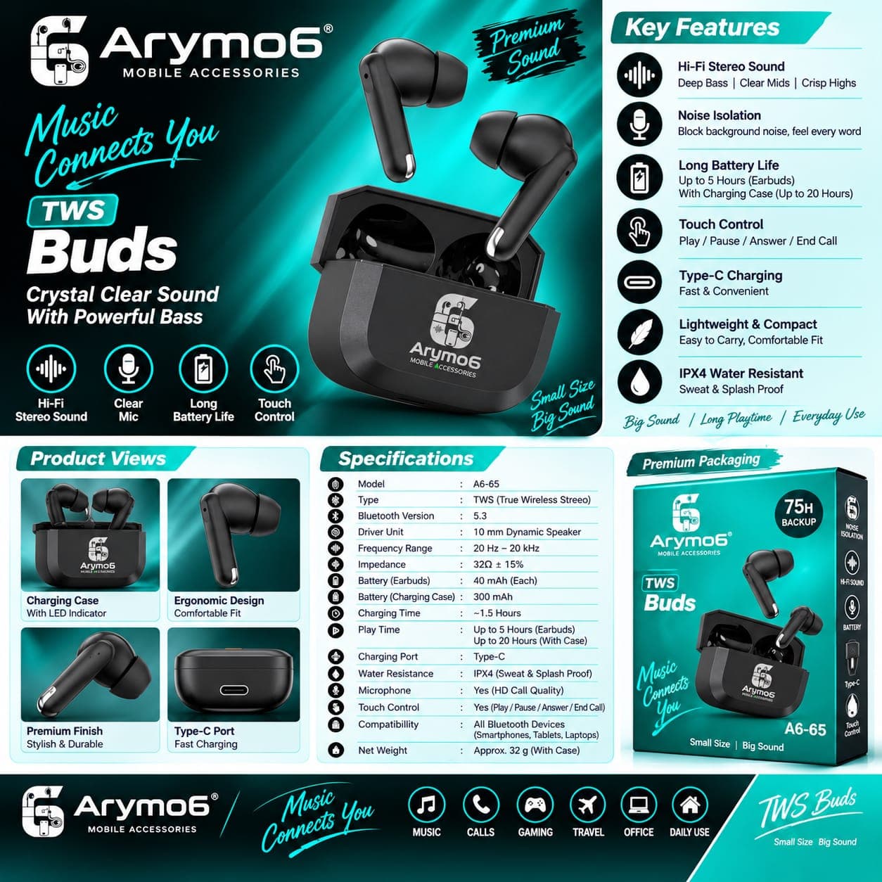 Arymo6 A6-65 Bluetooth 5.3 TWS Wireless Earbuds