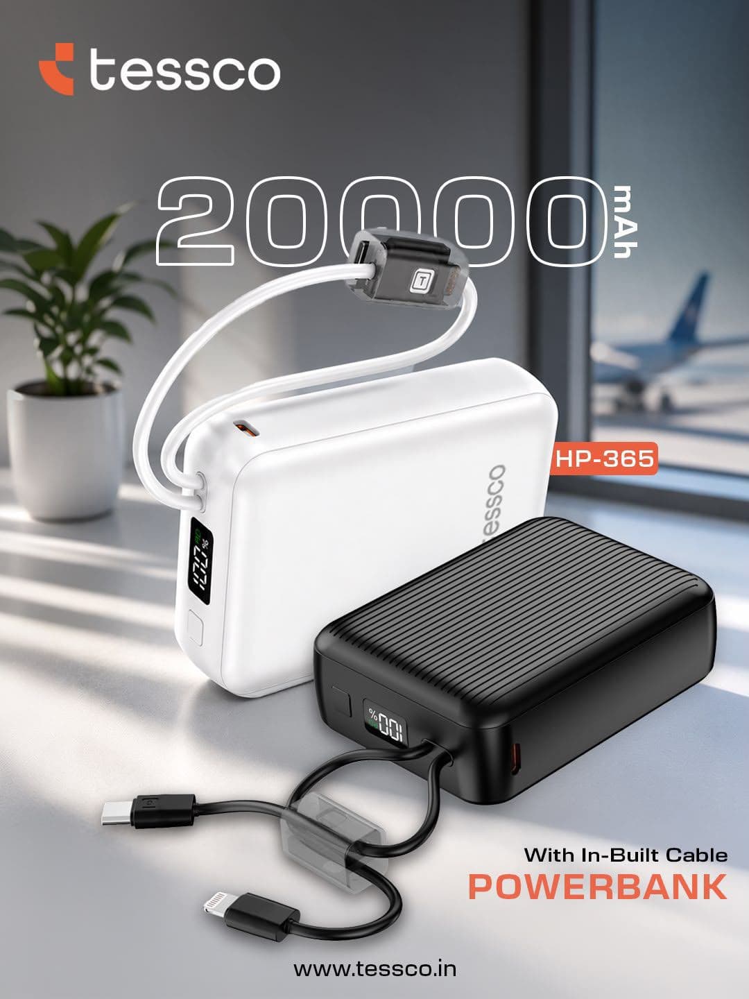Tessco HP-365 20000mAh Power Bank With In-Built Cable