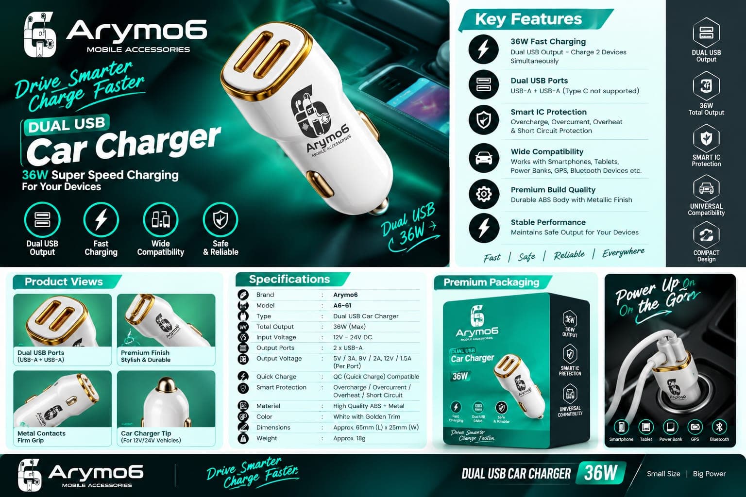 Arymo6 A6-61 36W Dual USB Car Charger