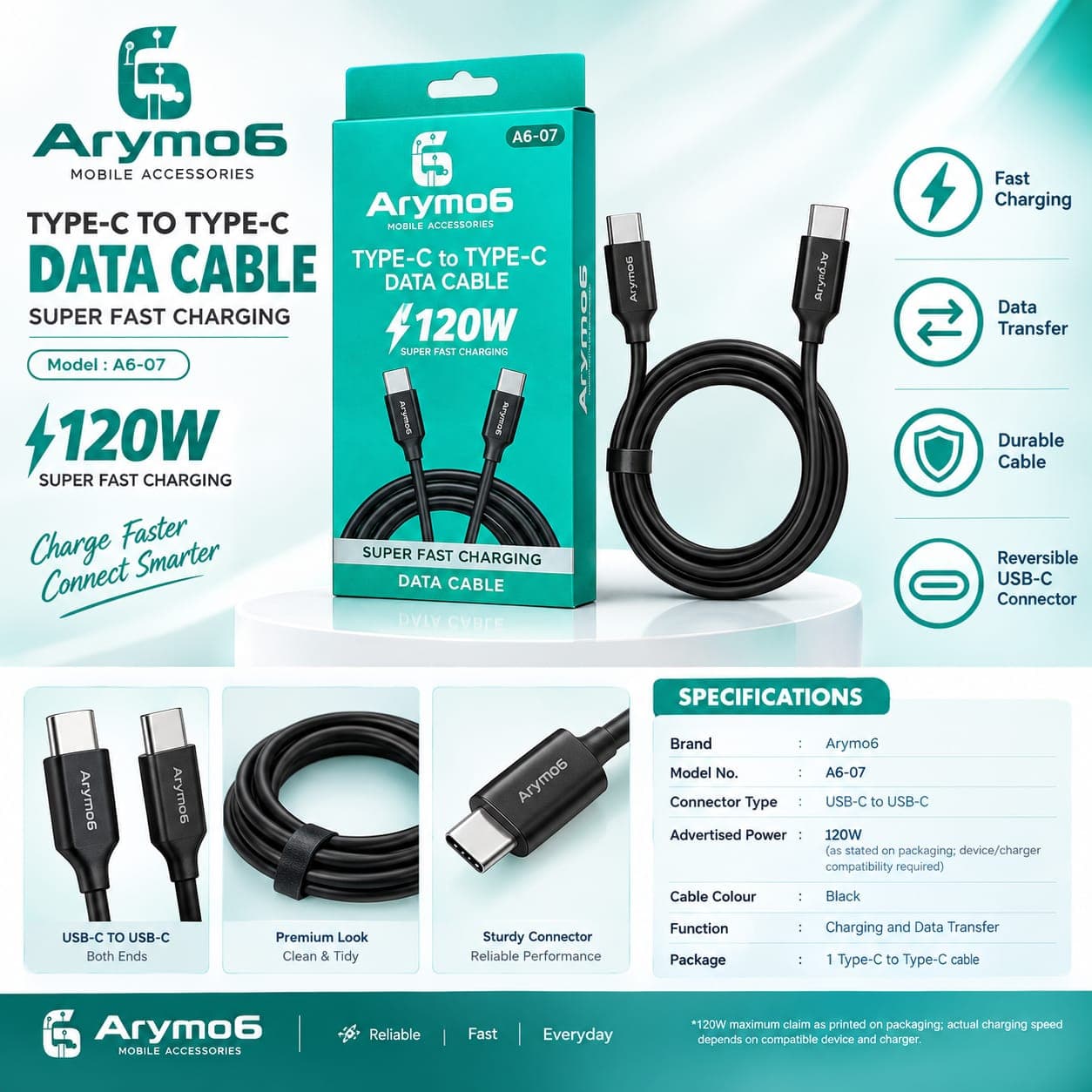 Arymo6 A6-07 120W Type-C To Type-C Fast Charging Data Cable image 1