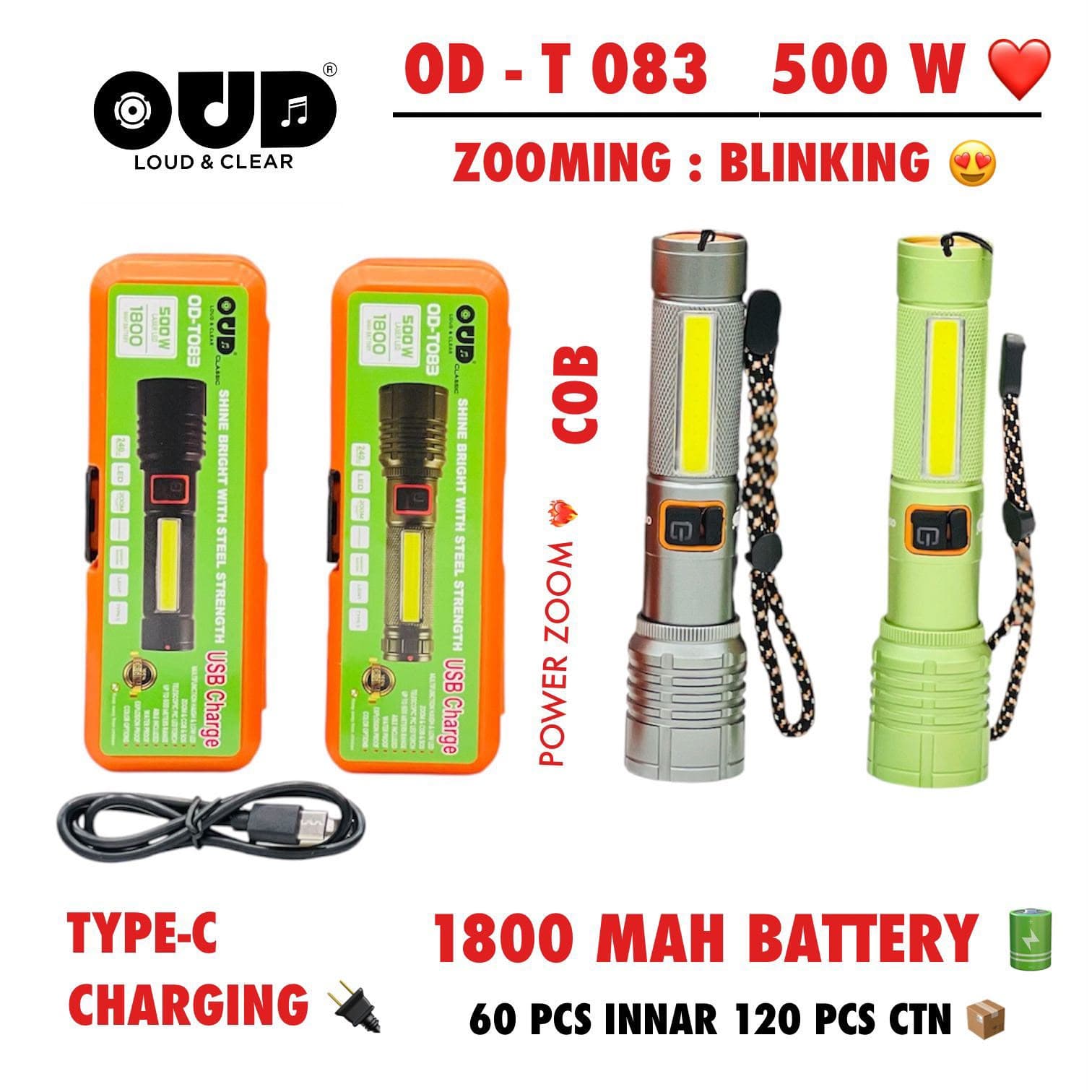 OUD Loud & Clear OD-T083 500W Rechargeable LED Flashlight