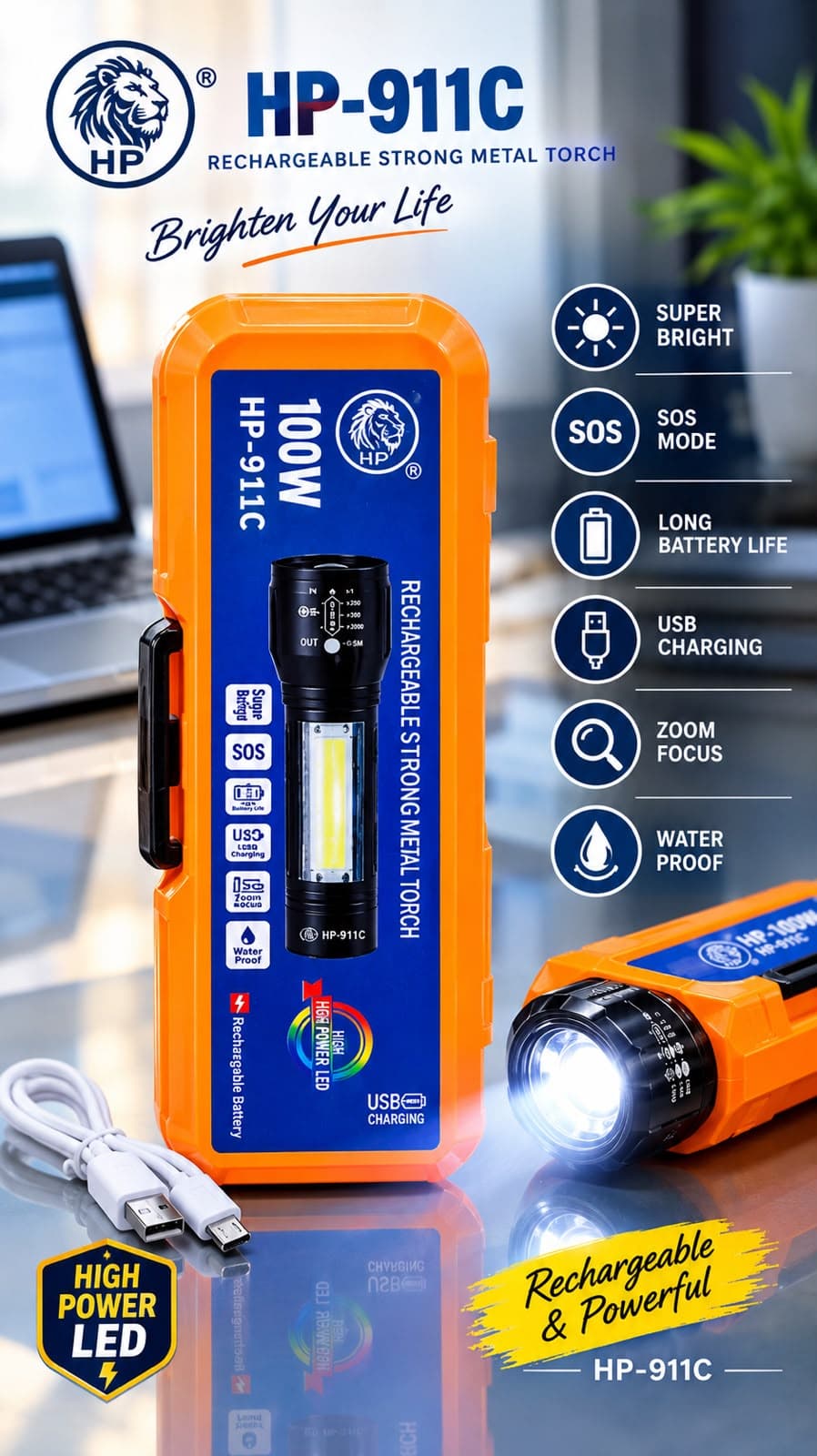 HP-911C Rechargeable Strong Metal Torch – 100W