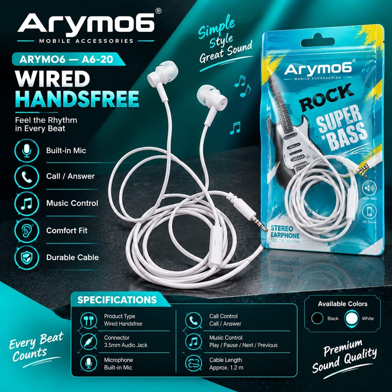 Arymo6 A6-20 Rock Super Bass Wired Handsfree 3.5mm Jack With Mic