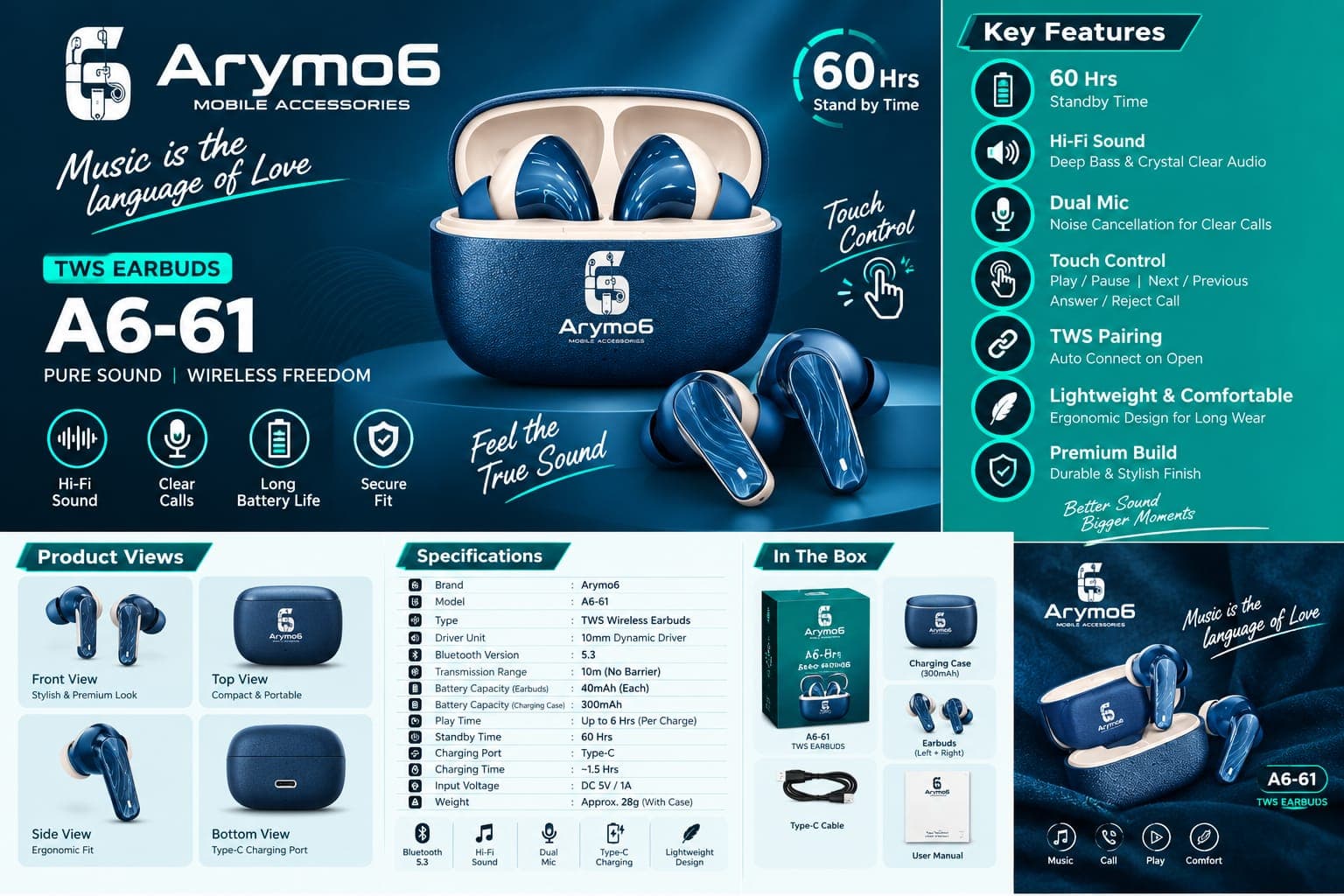 Arymo6 A6-61 Bluetooth 5.3 TWS Wireless Earbuds With Touch Control