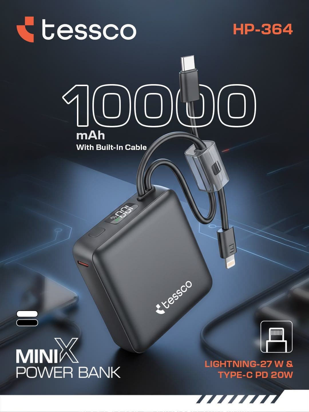 Tessco HP-364 Mini X Power Bank 10000mAh With Built-in Cable
