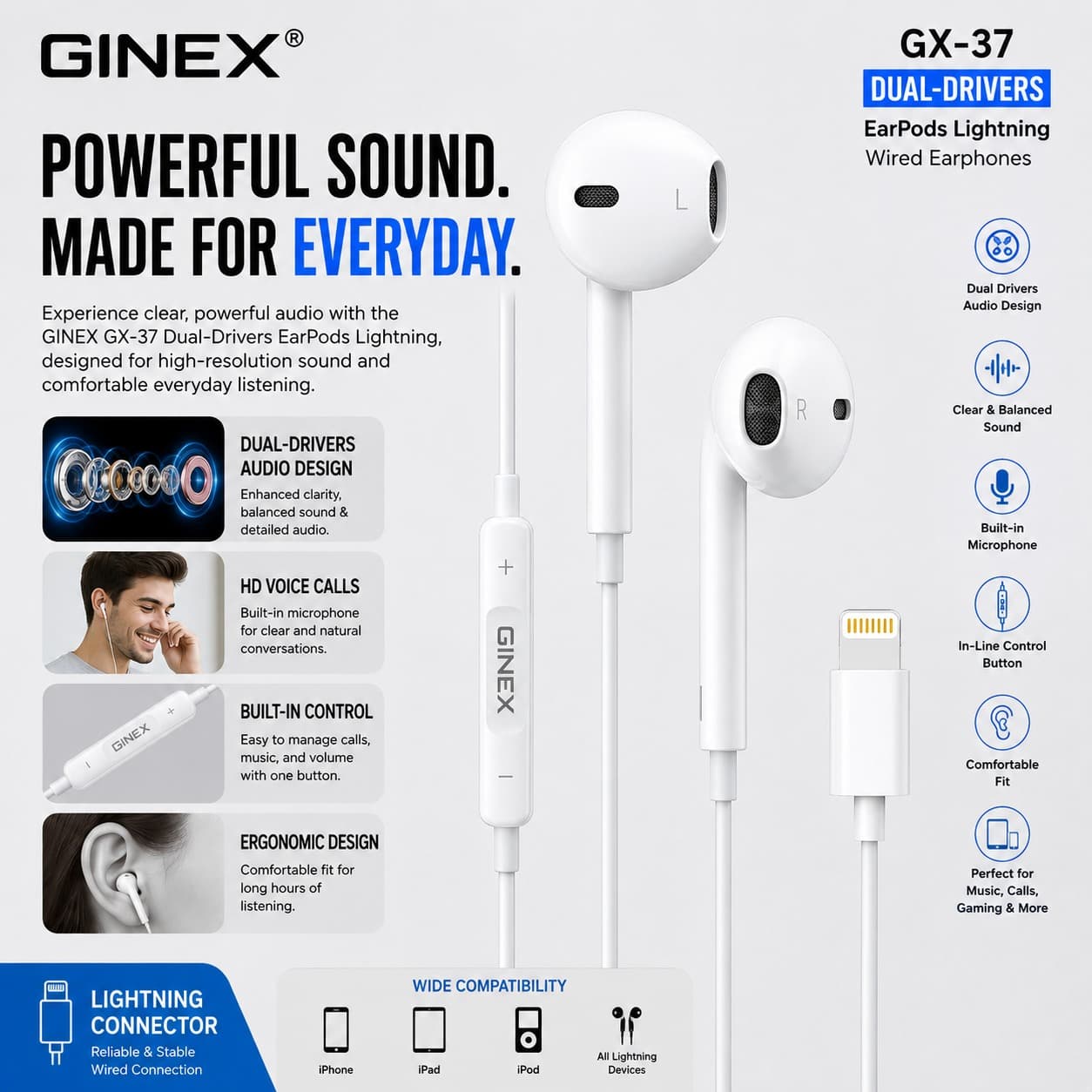 GINEX GX-37 Dual Drivers Lightning Wired Earphones With Mic