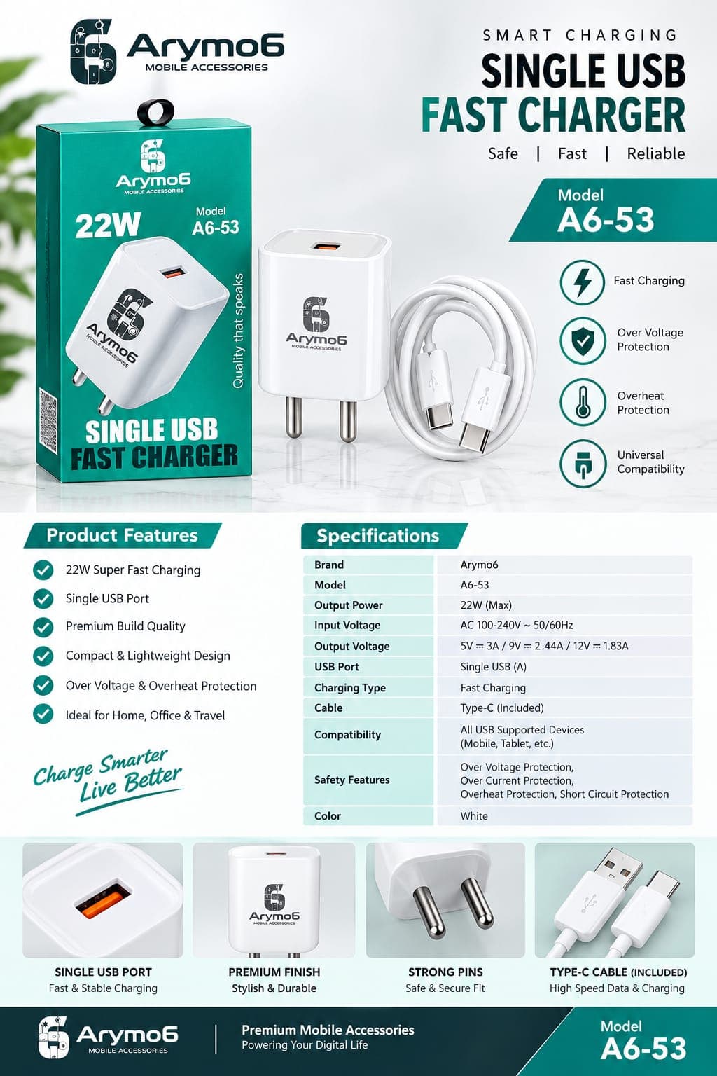 Arymo6 Model A6-53 Single USB Fast Charger image 1