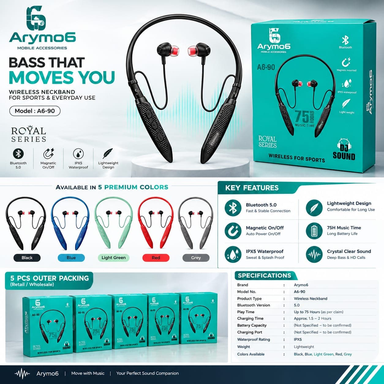 Arymo6 A6-90 Royal Series Bluetooth 5.0 Wireless Neckband image 1