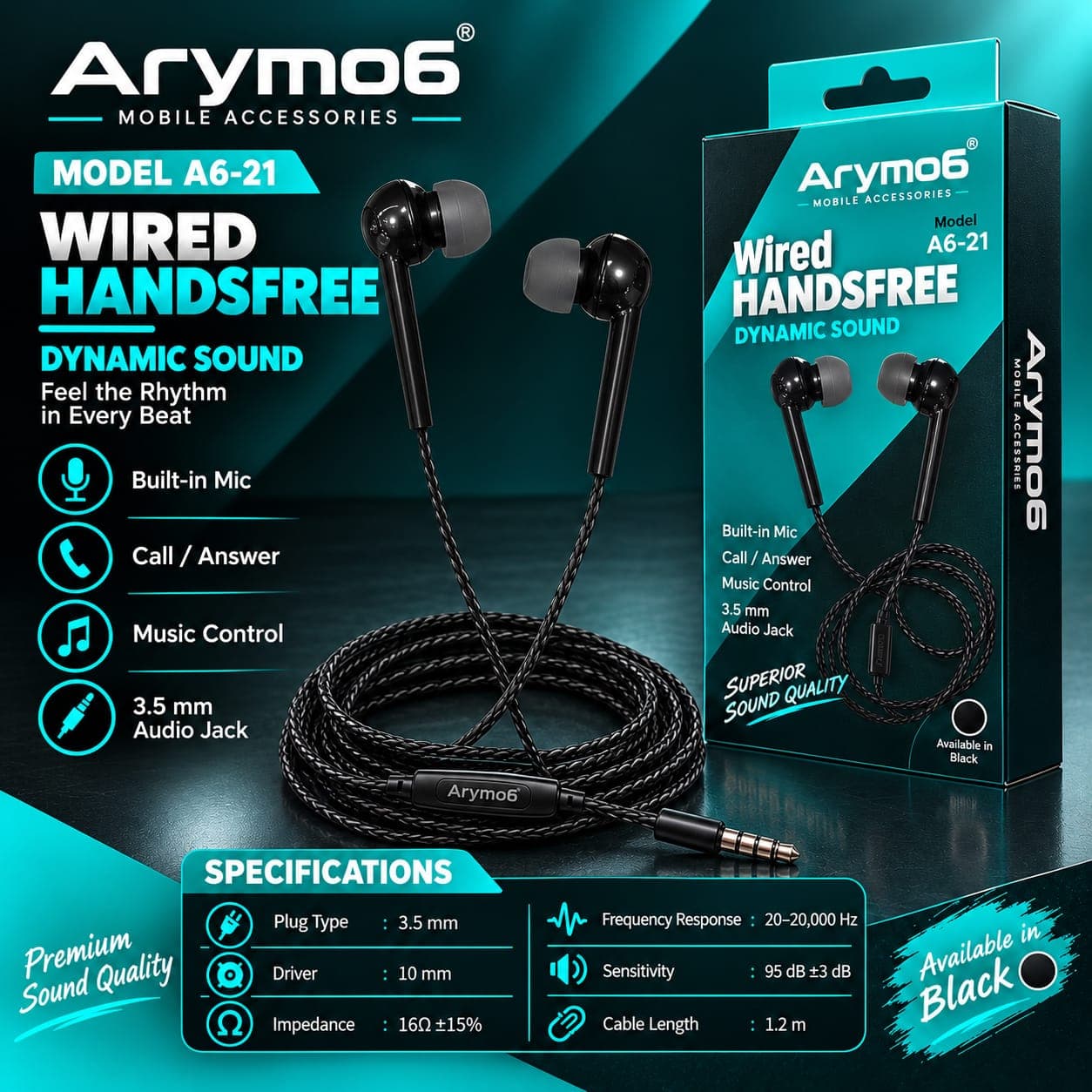 Arymo6 A6-21 Wired Handsfree 3.5mm Jack With Mic image 1