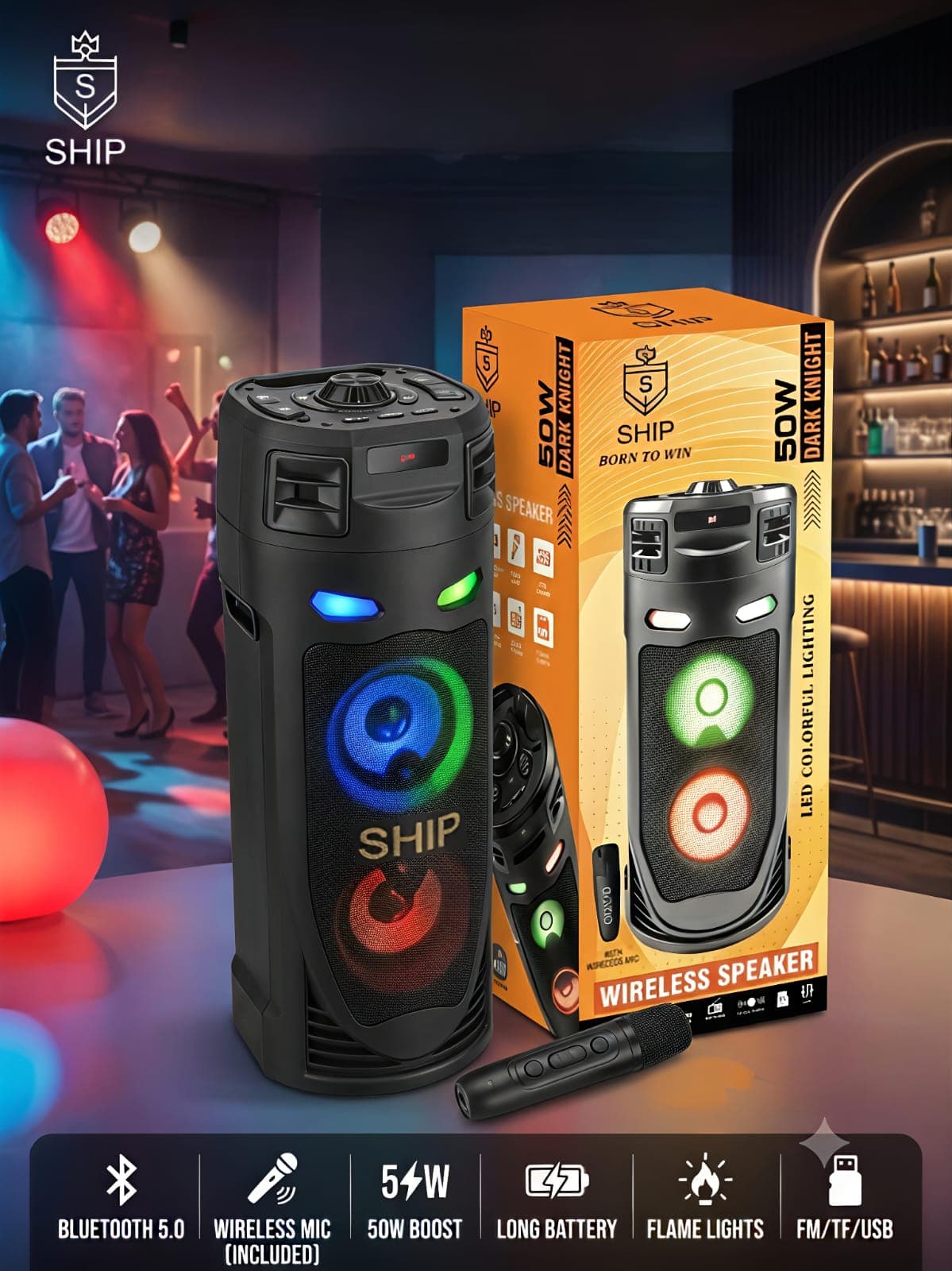 SHIP Dark Knight 50W Boost Wireless Bluetooth Party Speaker With Wireless Microphone