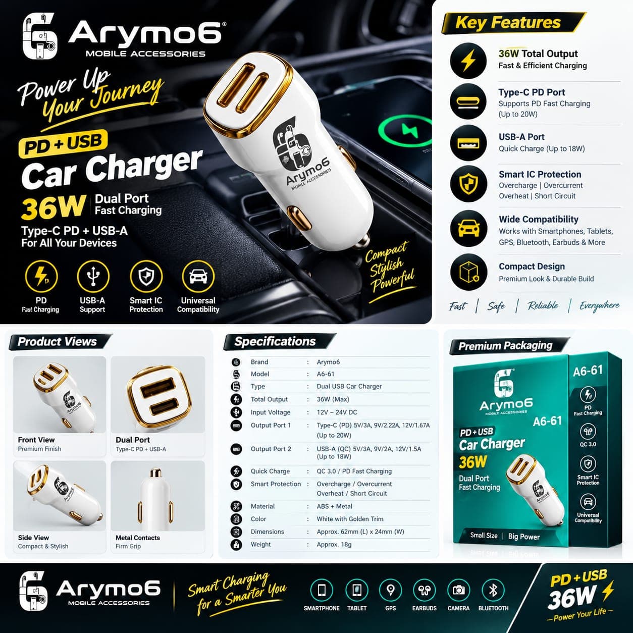 Arymo6 A6-61 36W Dual Port Car Charger