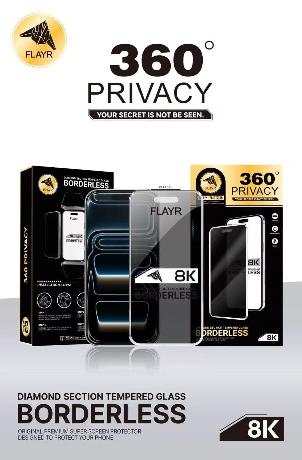 Flayr 360° Privacy Diamond Section Tempered Glass Borderless 8K All Iphone Model