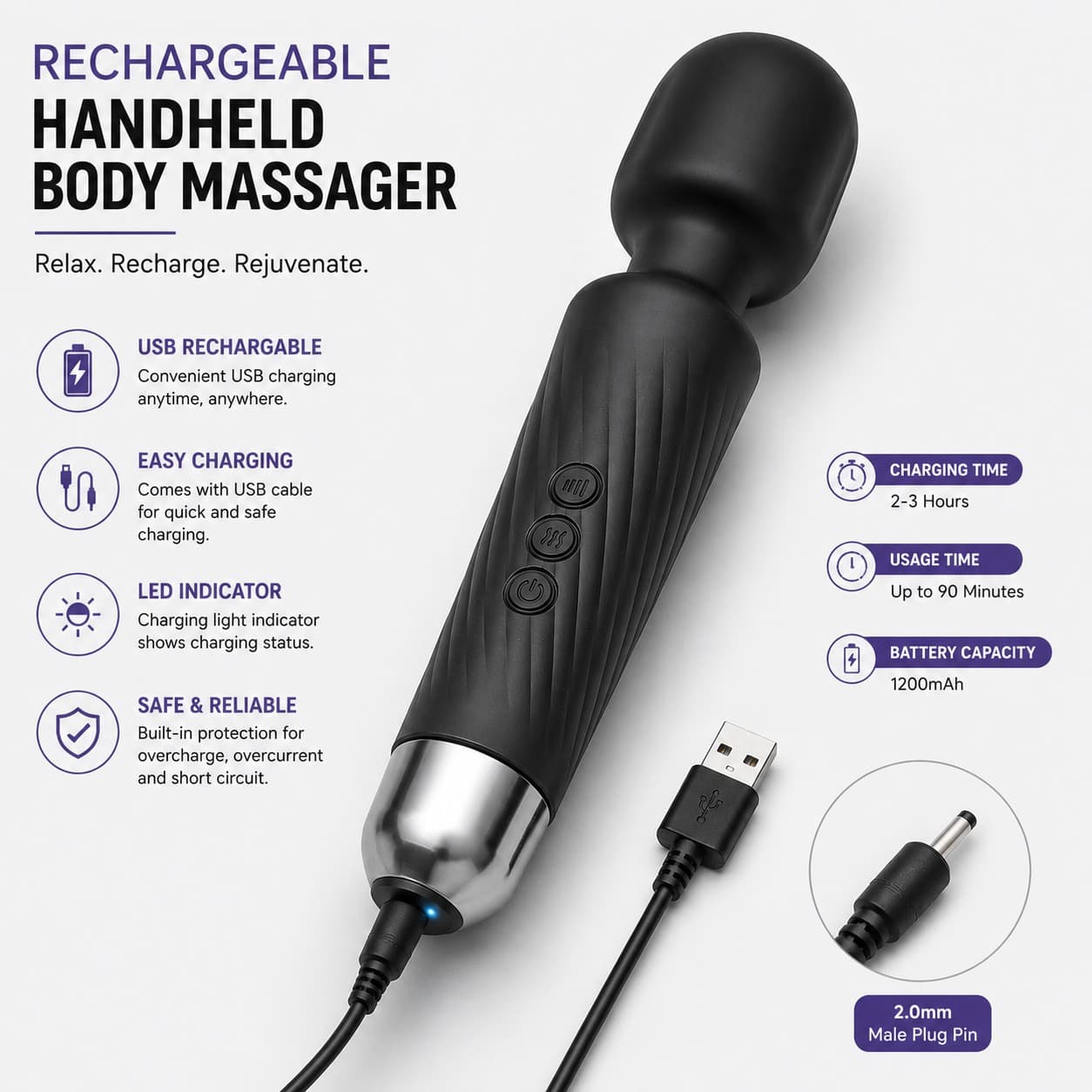 Rechargeable Cordless Handheld Muscle Massage Wand image 3