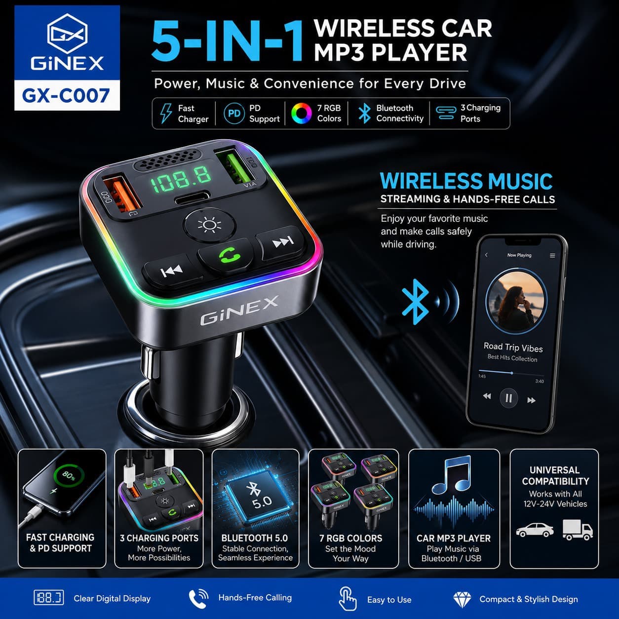 GINEX GX-C007 5-in-1 Wireless Bluetooth Car MP3 Player & FM Transmitter With Fast Charger